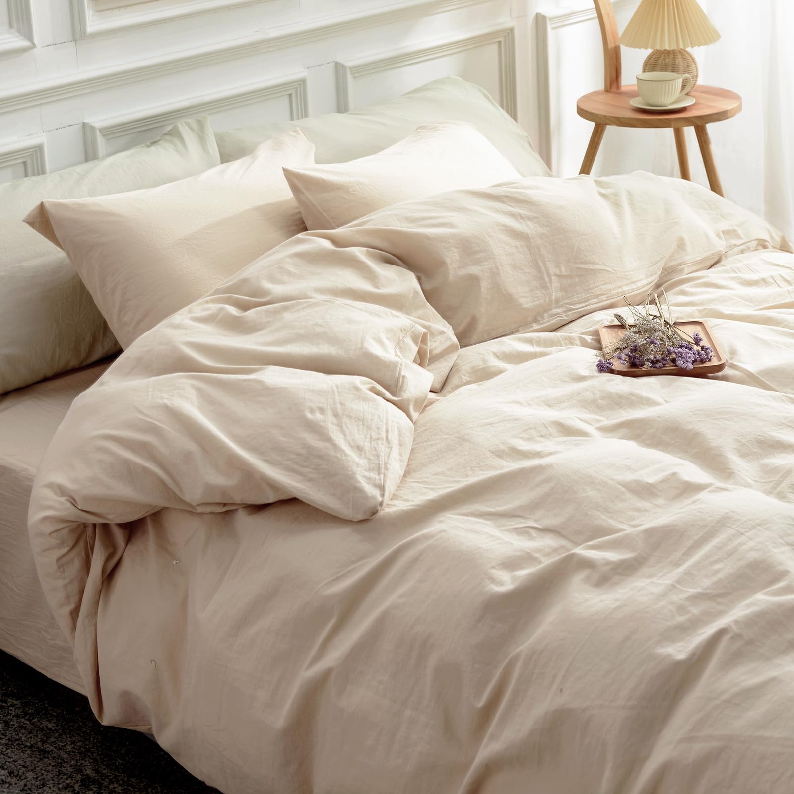 Nexhome Pro Duvet Cover Set 100% Washed Cotton Full Size Linen Feel Textured Organic Natural 3 Pieces Bedding Set Beige Cream Wi